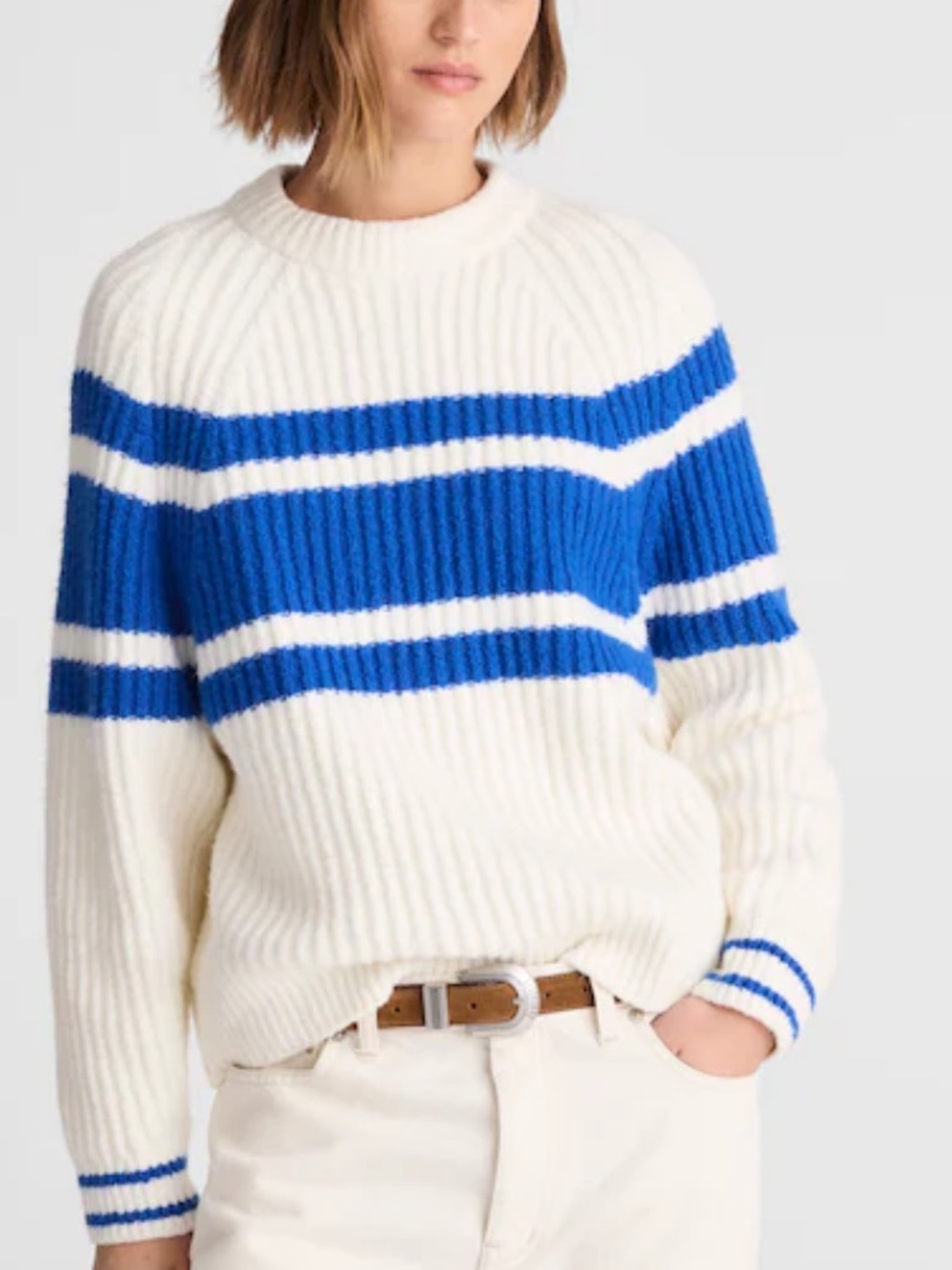 Madewell Raglan-Sleeve Sweater in Stripe-NWT-Ivory/Blue-Size MEDIUM